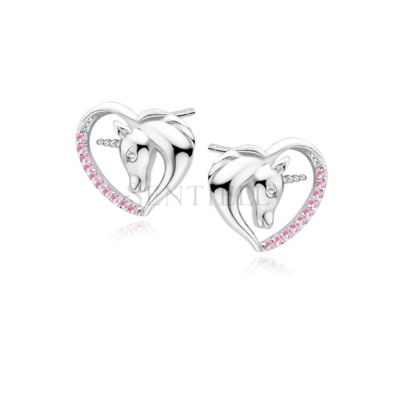 Silver (925) heart earrings - unicorn with pink zirconias and white eye