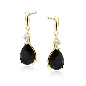 Silver (925) gold-plated earrings with black zirconia - teardrop