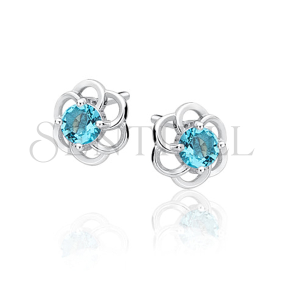 Silver (925) elegant earrings - flowers with aquamarine zirconia