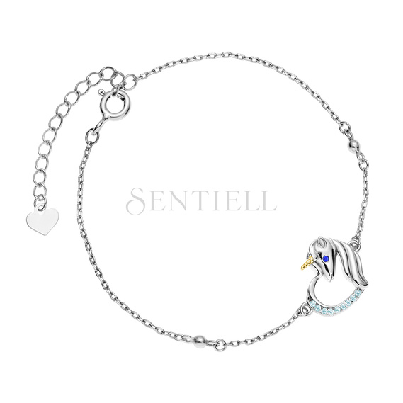 Silver (925) bracelet - unicorn with aquamarine zirconias and sapphire eye