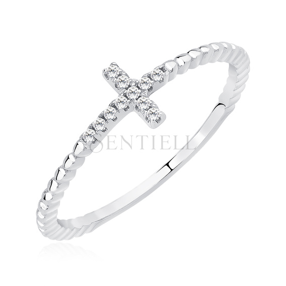Silver (925) ring - cross with white zirconia