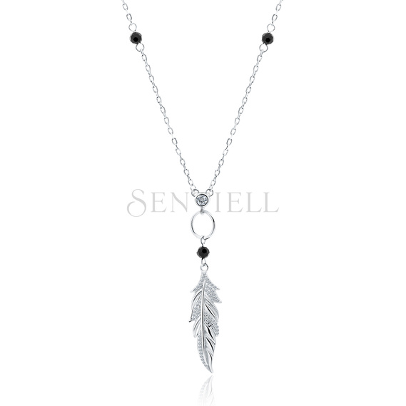 Silver (925) necklace with black spinels and white zirconias - feather