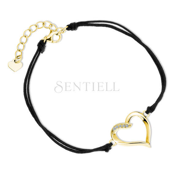 Silver (925) gold-plated bracelet with double black cord - heart with white zirconias