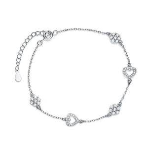 Silver (925) bracelet, flowers and hearts with white zirconias