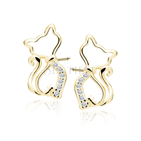 Silver (925) gold-plated earrings cat with white zirconias