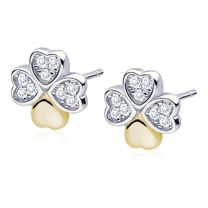 Silver (925) clover earrings with zirconias, gold-plated leaf