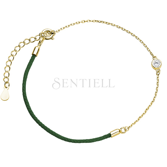 Silver (925) gold-plated bracelet with dark green cord and zirconia