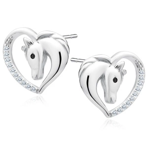 Silver (925) heart earrings - horse with black eye and white zirconias