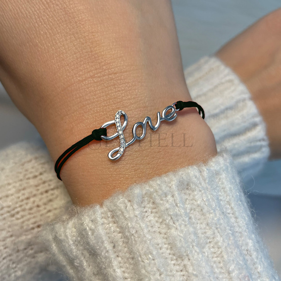Silver (925) bracelet with double black cord and white zirconias - Love