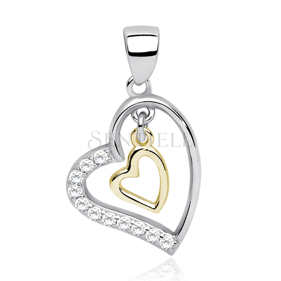 Silver (925) pendant - gold-plated heart in heart with zirconia