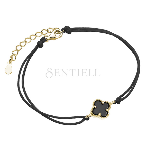 Pulsera de plata de ley 925 chapada en oro con ónix negro y cordón negro - trébol de cuatro hojas