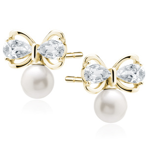 Silver (925) gold-plated earrings with pearls and boes with white zirconias