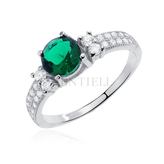 Silver (925) ring with emerald color & white zirconia