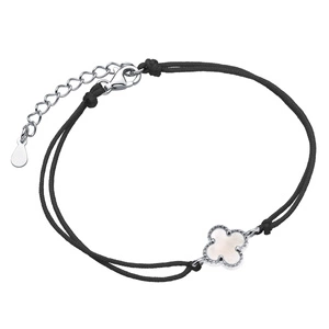Silver (925) bracelet with mother of pearl and black cord - quatrefoil