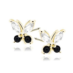 Silver (925) gold-plated earings - butterfly with white and black zirconias