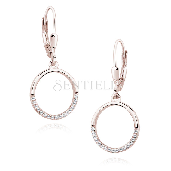 Silver (925) Earrings - cirlce with white zirconia, rose gold-plated