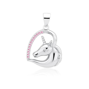 Silver (925) heart pendant - unicorn with pink zirconias and white eye