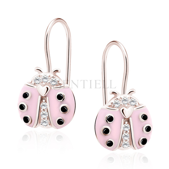 Silver (925) rose gold-plated earings - pink ladybug with zirconias