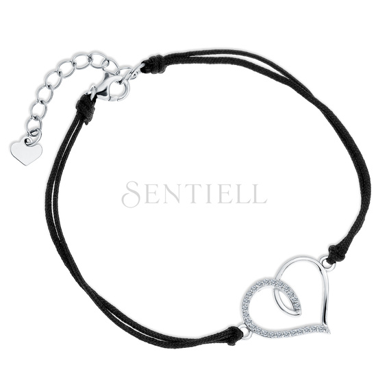 Silver (925) bracelet with double black cord - heart with white zirconias