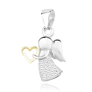 Silver (925) angel pendant with white zirconias and gold-plated heart