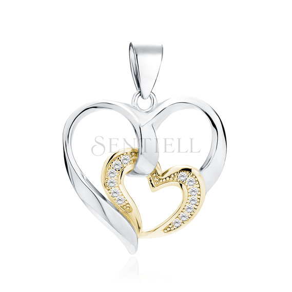 Silver (925) pendant - heart with smaller gold-plated heart with zirconias