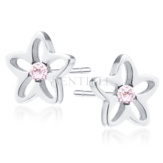 Silver (925) earrings with pink zirconia flowers