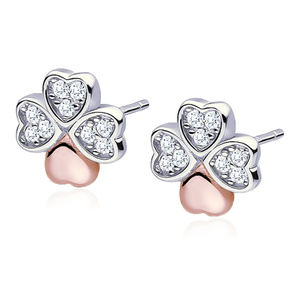 Silver (925) clover earrings with zirconias, rose gold-plated leaf