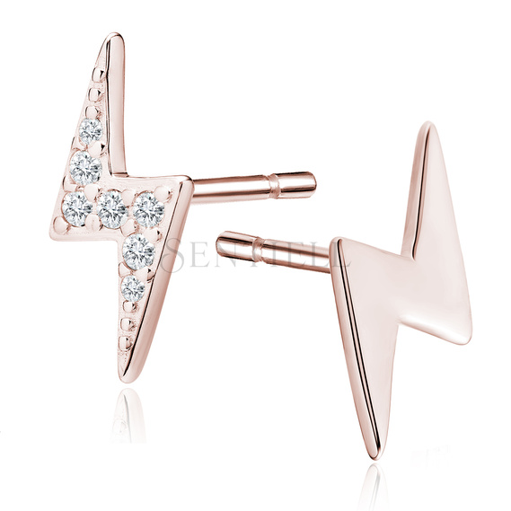 Silver (925) earrings - rose gold-plated lightning with zirconias and lightning without zirconias