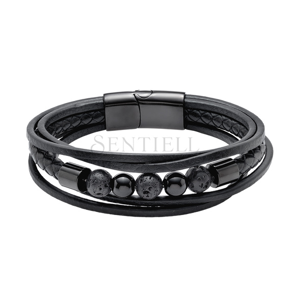 Stainless steel bracelet with leather straps, tourmaline and volcanic lava stones