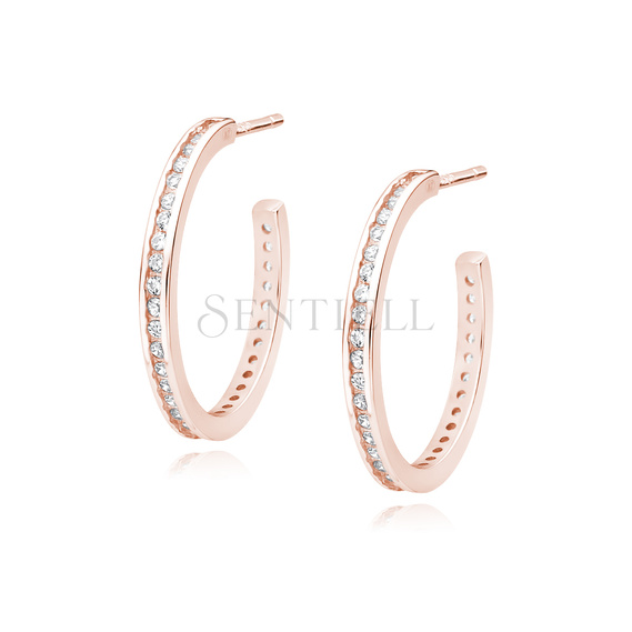 Silver (925) rose gold-plated earrings open hoop with white zirconias