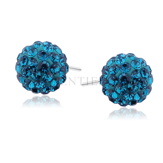 Silver (925) Earrings disco ball 10mm blue zircon