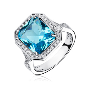 Silver fashionable (925) ring with aquamarine colored zirconia