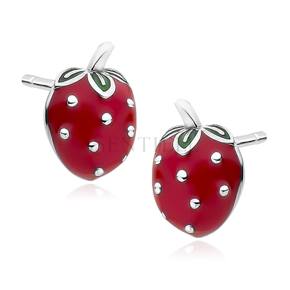 Silver (925) earrings red enamelled strawberries