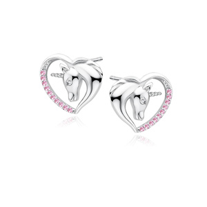 Silver (925) heart earrings - unicorn with pink zirconias and white eye