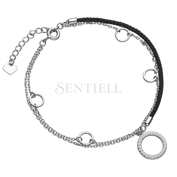 Silver (925) bracelet with black cord - circles with zirconia