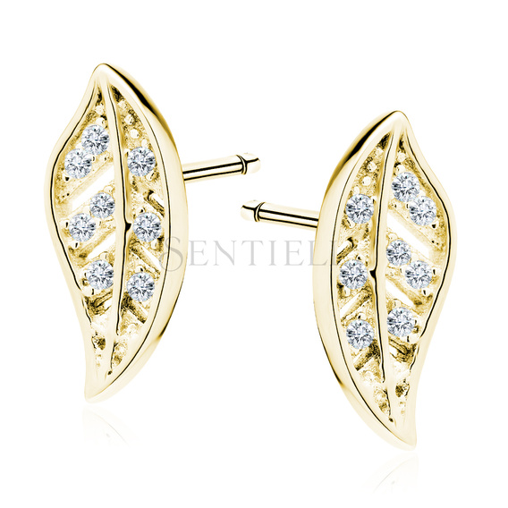 Silver (925) gold-plated elegant earrings - leaf with zirconia