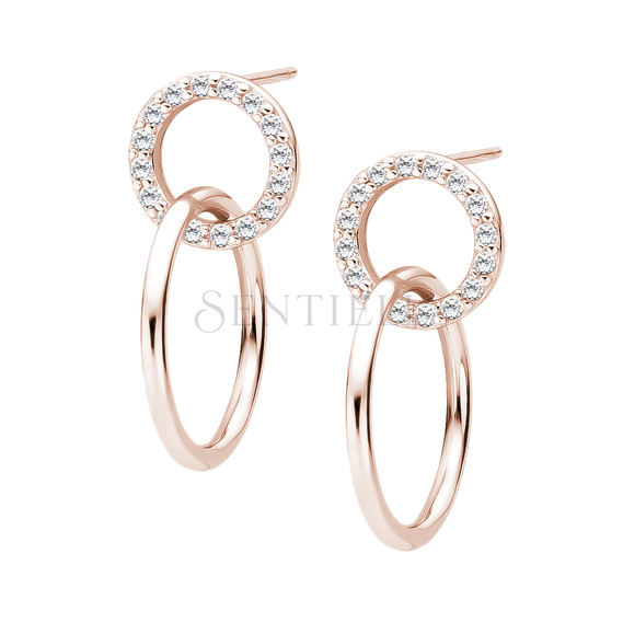 Silver (925) rose gold-plated earrings - circles with white zirconias