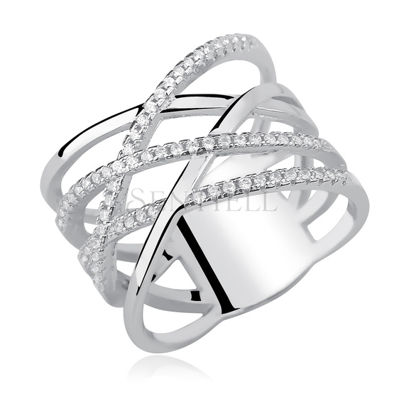 Silver (925) crossed ring with white zirconia