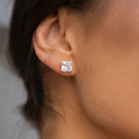Pendientes de plata de ley 925 chapados en oro con circonita blanca cuadrada 8 x 8 mm