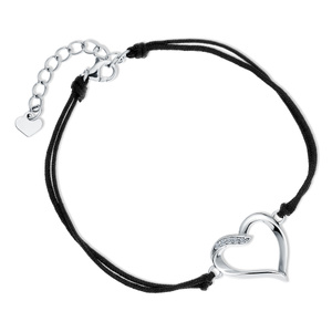 Pulsera de plata de ley 925 con doble cordón negro - corazón con circonitas blancas
