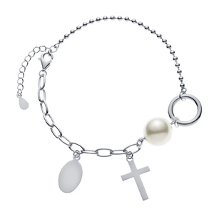 Pulsera de plata de ley 925 - dos tipos de cadena, círculo, placa ovalada, cruz y perla