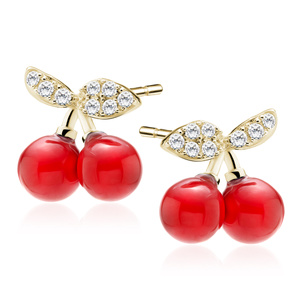 Silver (925) gold-plated earrings - cherries with white zirconia and red pearl