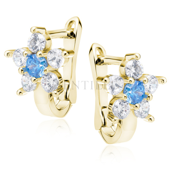 Silver (925) earrings with aquamarine zirconia, gold-plated flower