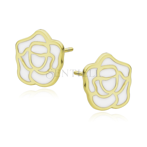 Silver (925) gold-plated earrings - rose with white enamel