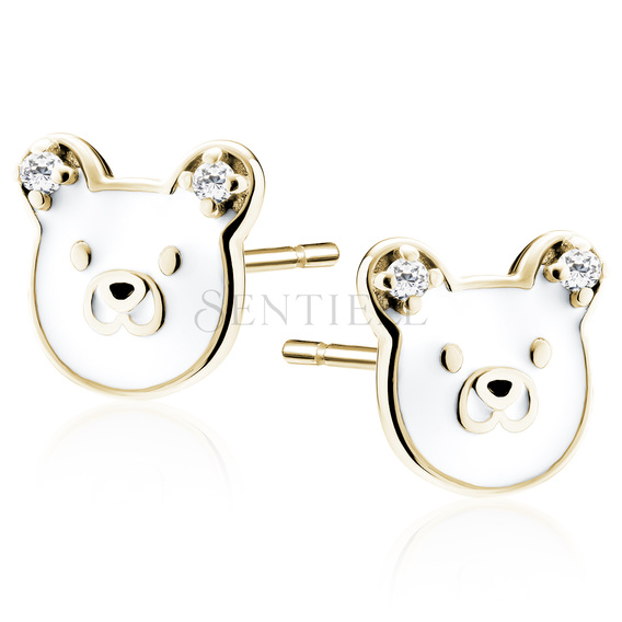 Silver (925) gold-plated enameled earrings - bears with white zirconias