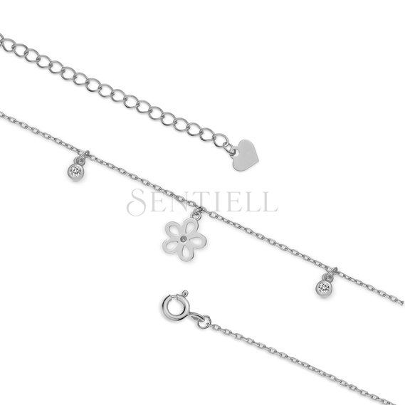 Silver (925) ankle bracelet with flowers and zirconias