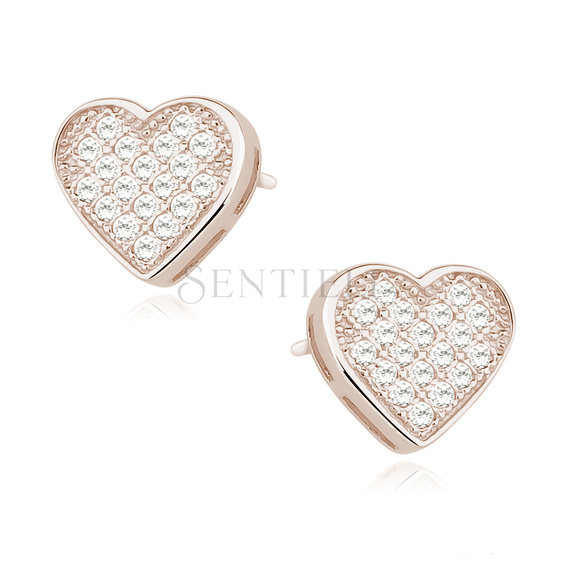 Silver (925) rose gold-plated heart earrings with white zirconias