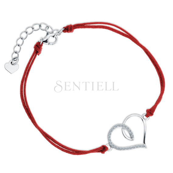 Silver (925) bracelet with double red cord - heart with white zirconias