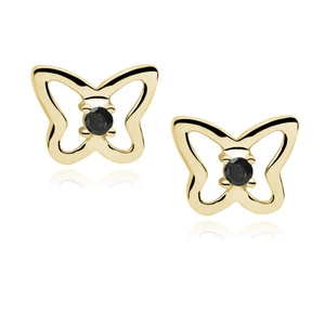 Silver (925) Earrings black zirconia - butterflies gold-plated