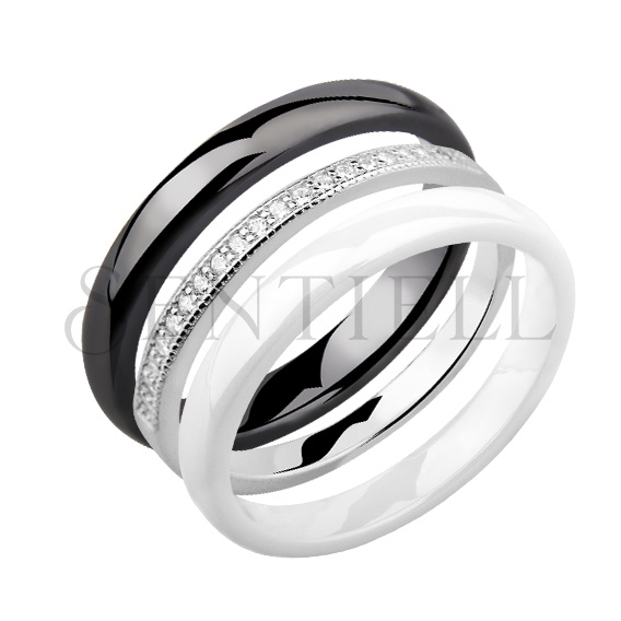 Two ceramic rings black and white and silver ring with zirconia